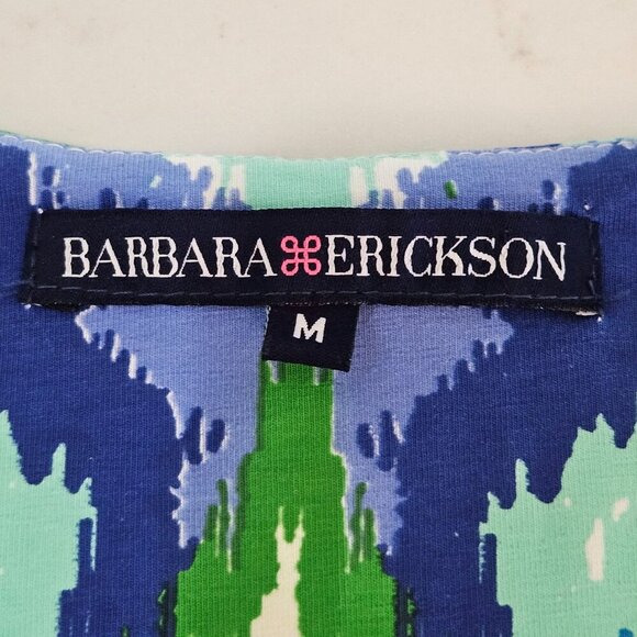 Barbara Erickson Ikat Print Shift Dress Medium Blue Green Tropical Stretch - Picture 9 of 9